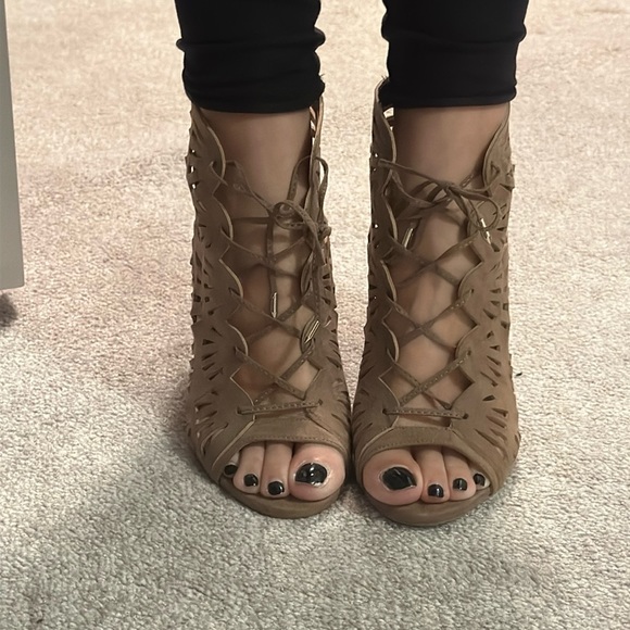 Beige Suede Charlotte Russe Cage Style Lace Up Heeled Booties - Picture 8 of 8